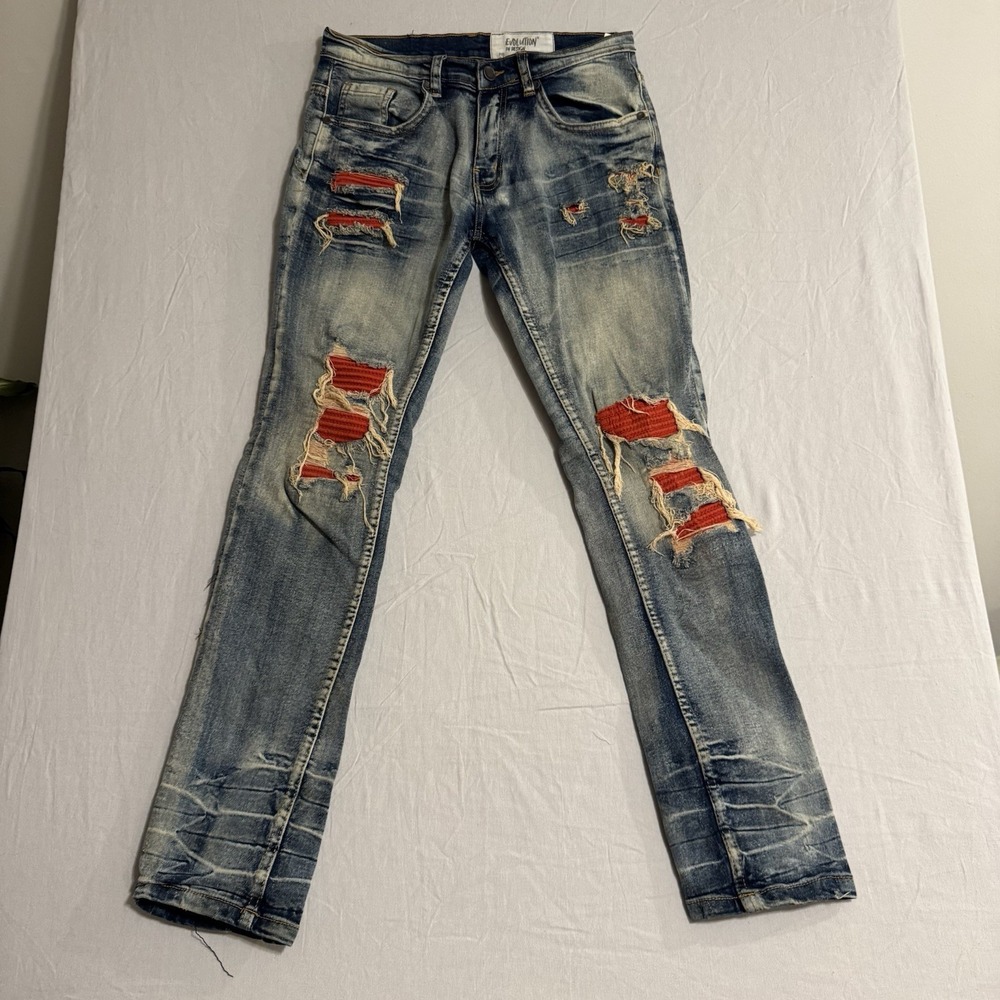 Evolution in Design Jeans Mens 18 Acid Wash Distressed Patchwork Skinny Stretch